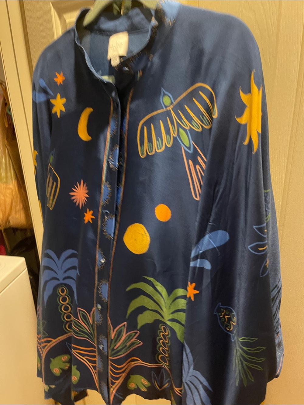 Johnny Was Jade Navy Button-Down poncho Shirt with Yellow & Green Tropical Print